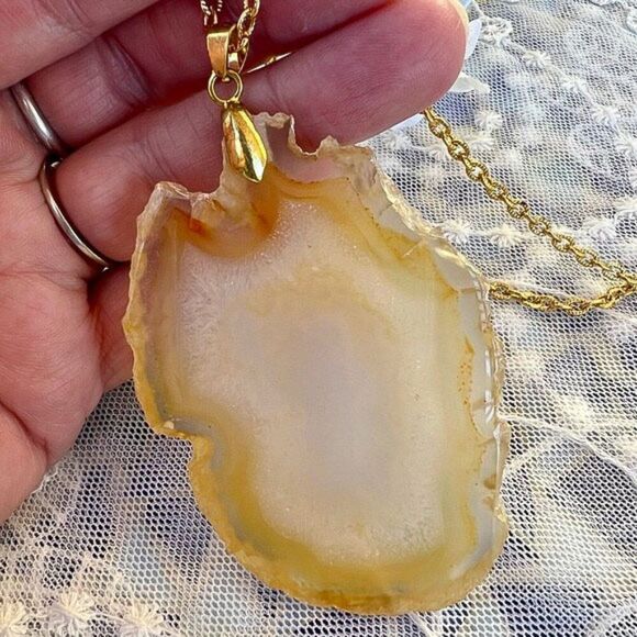 Large Golden Geode Slab Pendant Necklace 18” - Picture 3 of 9